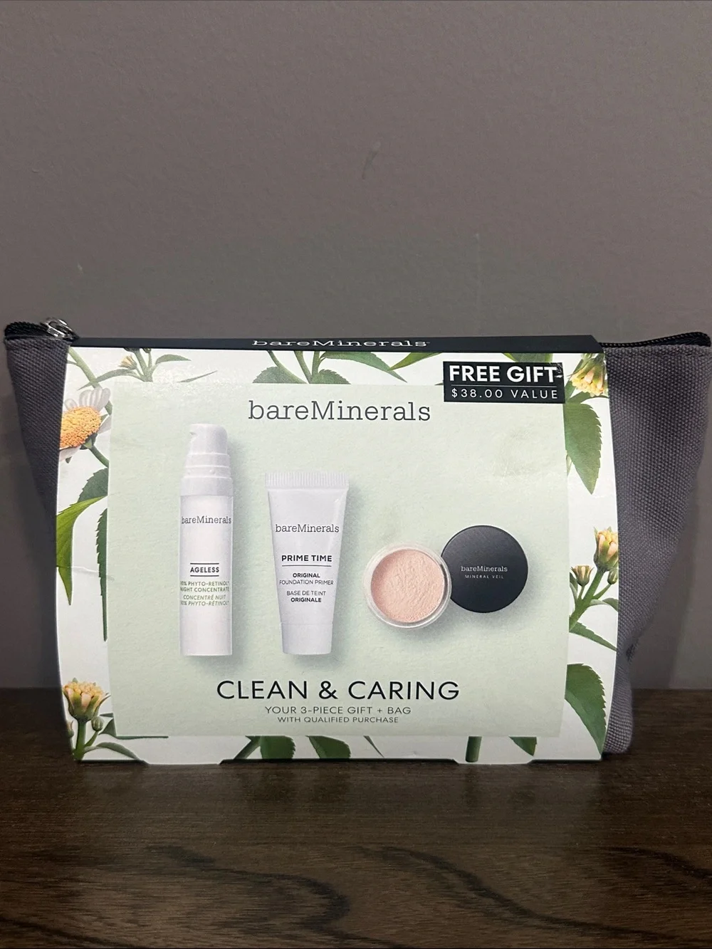 bareMinerals Clean & Caring Skincare Trio with Dark Gray Pouch